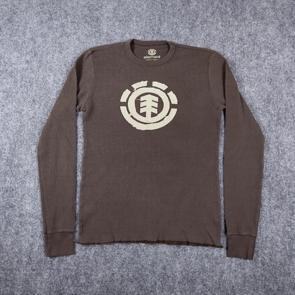 Y2K Element Thermal Shirt Mens Medium Brown Long Sleeve Logo Waffle Knit